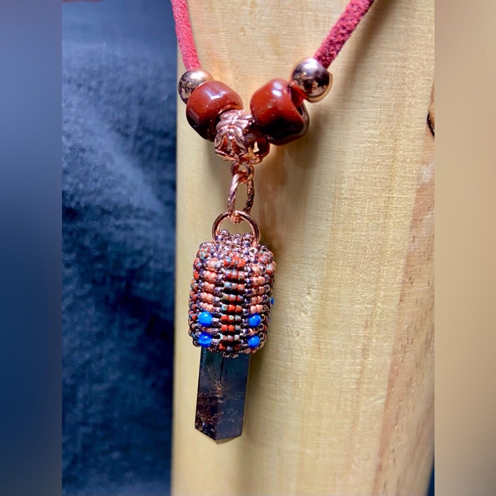Garnet Gemstone Point Hand Beaded Pendant Necklace with Lapis Lazuli